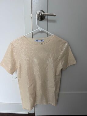Zara Cream Sequin Knit Top
